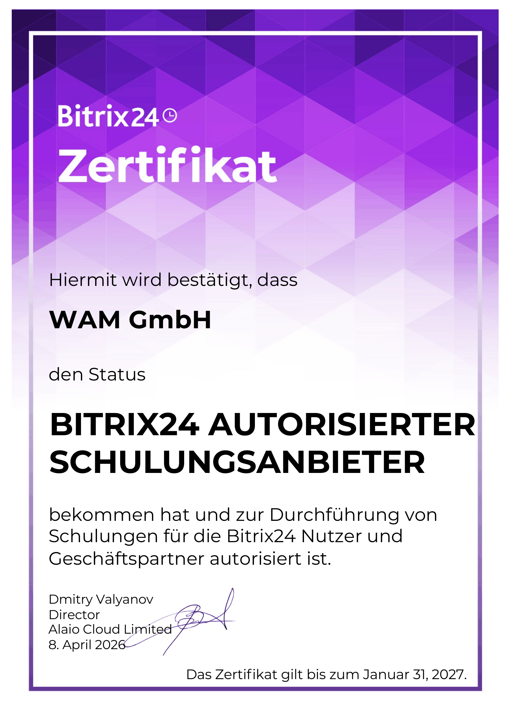 Certificat Bitrix24 Authorized Training Provider